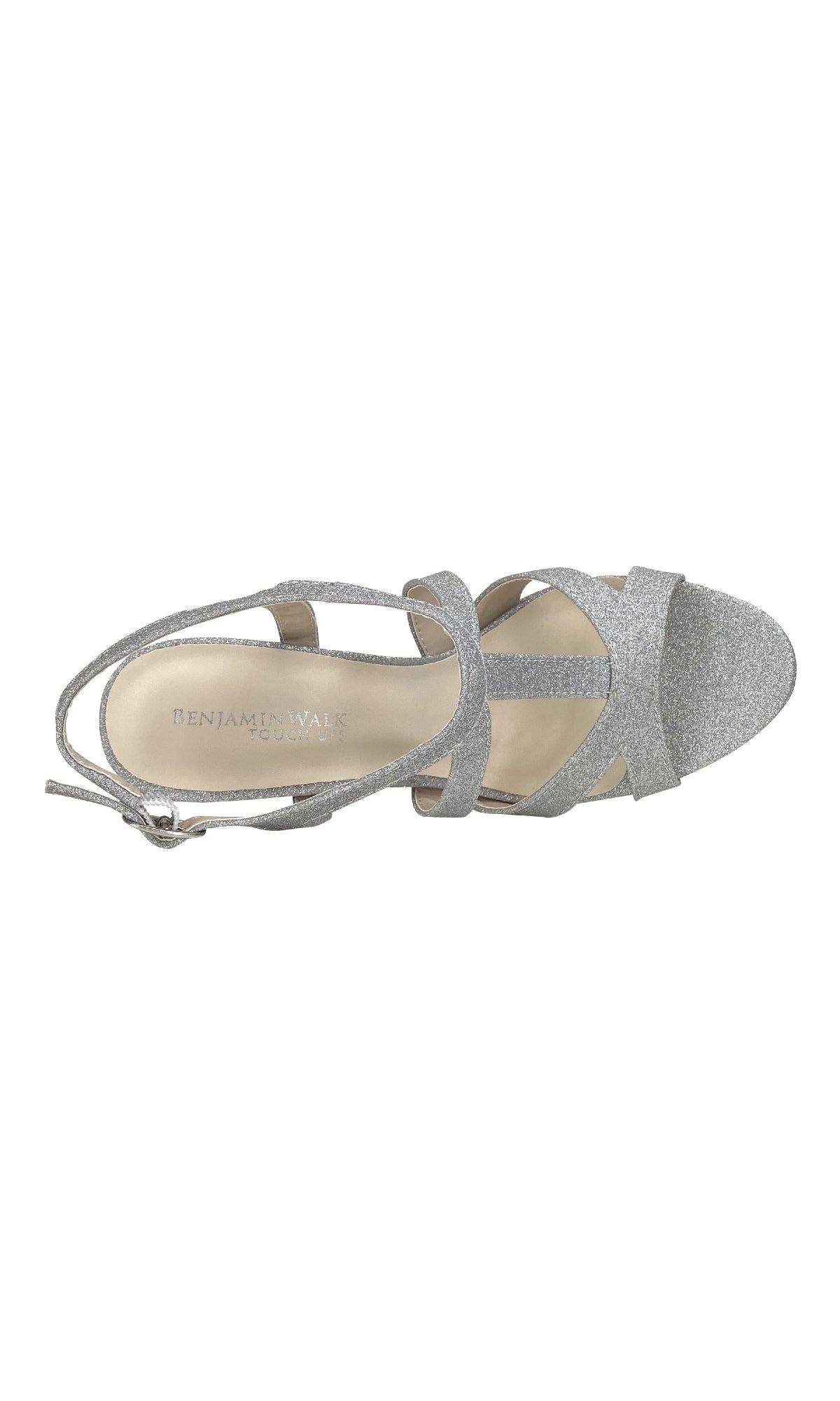 The Queenie Silver Glitter Prom Shoes (Touch Ups 4222) is a single open-toe shoe with an ankle strap and buckle closure, plus a low heel, all in sparkling silver glitter seen from above.